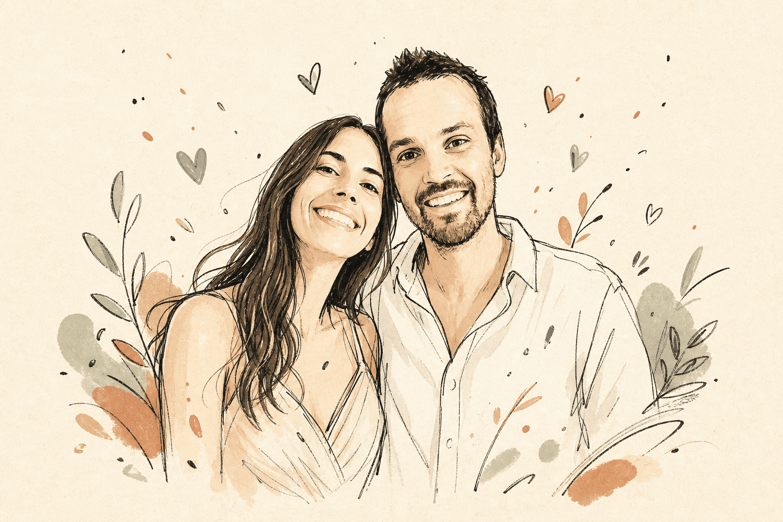Ilustración dibujada a mano de Chiqui y Vicu sonriendo juntos
